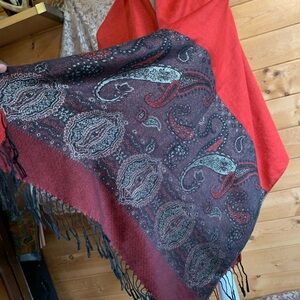 Pashmina Silk Scarf Vintage 80s Double Sided Burgundy Black Paisley Shawl Fringe